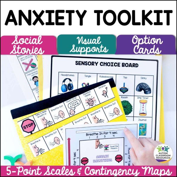 The Managing Anxiety Social Stories & Behavioral Toolkit for Teaching Self-Regulation includes a sensory choice board, option cards, and 5-point scales with symbols—all displayed on a table with a yellow folder and a hand arranging cards.