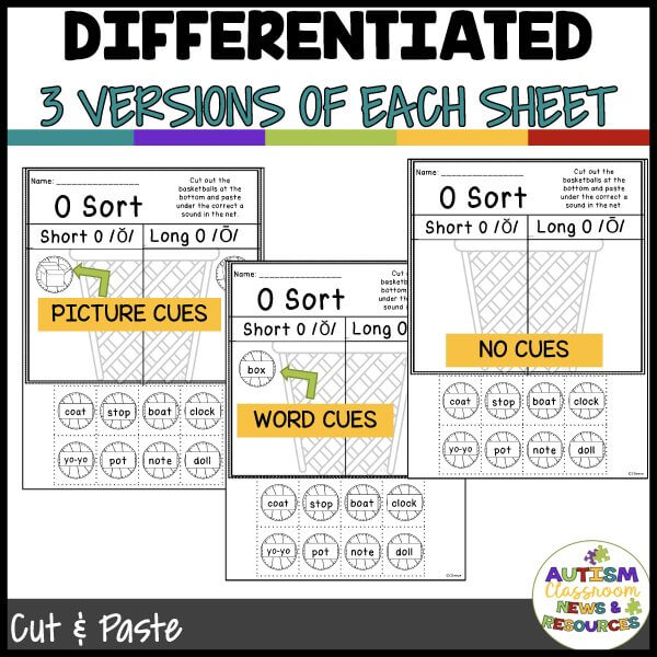 Differentiated 3 versions of Each sheet - vowel sounds