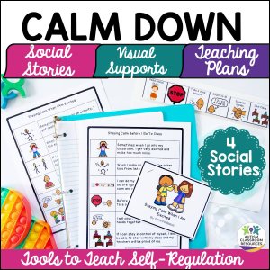 A flat lay image of the Calm Down Techniques Toolkit, featuring social stories, visual supports, a sensory toy, and resources like social stories and teaching plans for self-regulation.