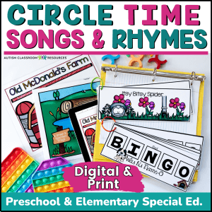Preschool Circle Time Songs - Special Ed. Elementary Morning Meeting - Songs & Rhymes set with song cards for Old McDonald's Farm, Itsy Bitsy Spider, and Bingo—plus engaging pop-it toys—ideal for preschool and special ed learners.