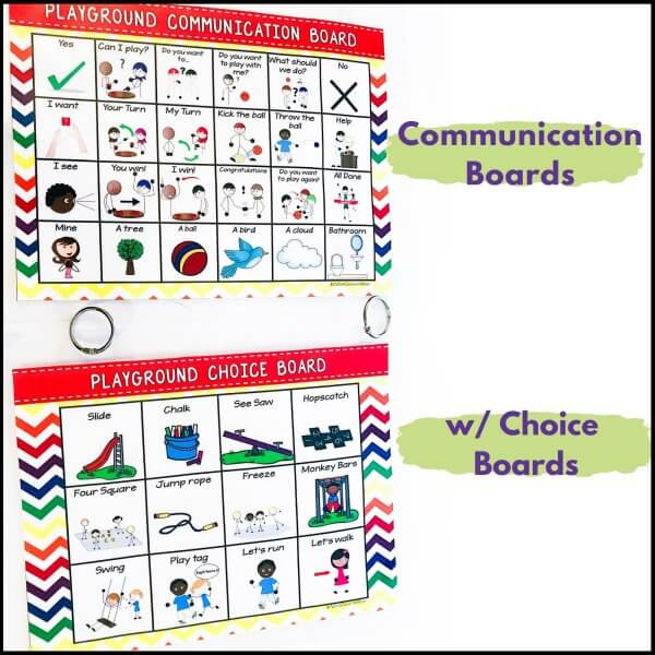Includes communication boards and choice boards for muotiple activities (pictures of a communication and choice board linked together for the playground)