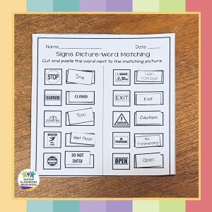 Worksheet with 10 problems, cut and paste with signs with words. Community Signs Worksheets Reading Comprehension