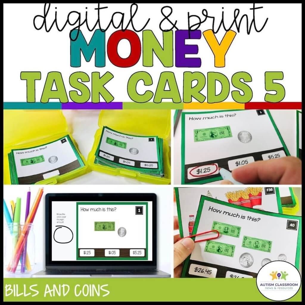 Money Task Cards 5: Coins & Bills for Distance Learning & Print includes printed and digital task cards asking How much is this? with images of U.S. bills, coins, storage bins, crayons, and a tablet version.