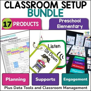 The Special Education Classroom Setup Kit includes 17 products for preschool, elementary, and special education—featuring a schedule, “Sit Down” card, days of the week cards, planning tools, visual supports, and classroom management resources.