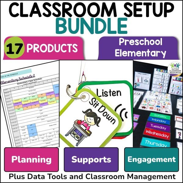 The Special Education Classroom Setup Kit includes 17 products for preschool, elementary, and special education—featuring a schedule, “Sit Down” card, days of the week cards, planning tools, visual supports, and classroom management resources.