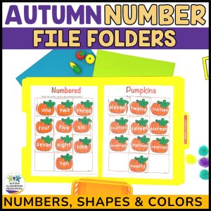 A yellow file folder shows numbered pumpkin cards labeled 1–20. The text above reads Fall Number Matching File Folder Activities - Special Education Independent Work with school supplies in the background. Ideal for file folder activities.