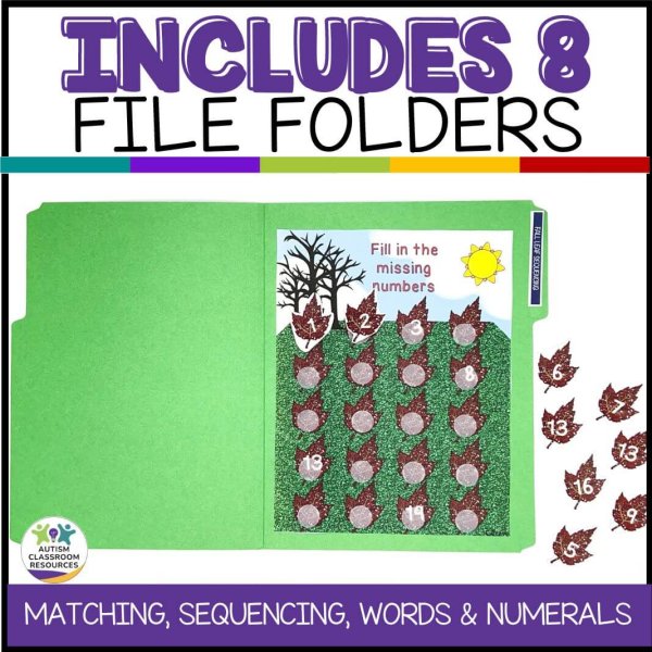 The Fall Number Matching File Folder Activities—Special Education Independent Work set features green folders with numbered squirrel cutouts and a tree board, titled Fill in the missing numbers. Includes 8 engaging file folder activities.