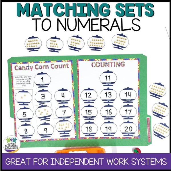 The Fall Number Matching File Folder Activities - Special Education Independent Work features pumpkin-themed cards with candy corn dots for matching to numbers 1–20, helping students connect dot sets to numerals in a fun, seasonal classroom task.