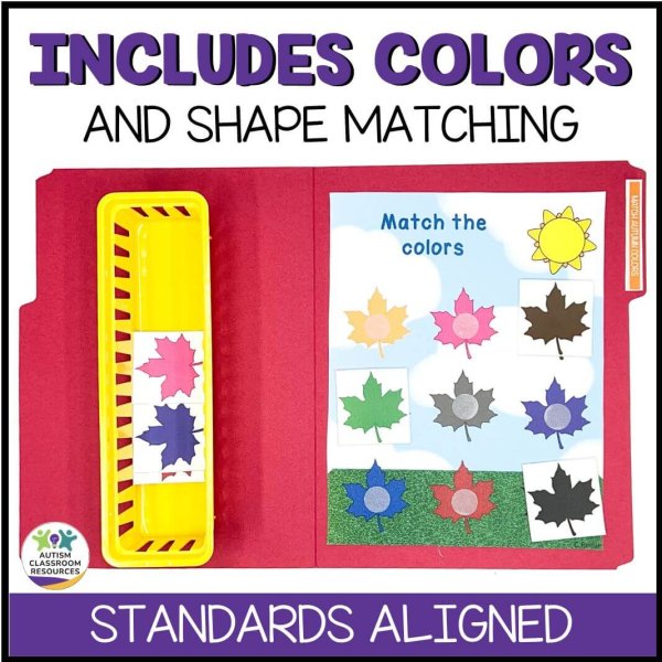 The Fall Number Matching File Folder Activities is an educational resource with colored leaf and sun shapes for number and shape matching, featuring INCLUDES NUMBER AND SHAPE MATCHING and STANDARDS ALIGNED on the cover.