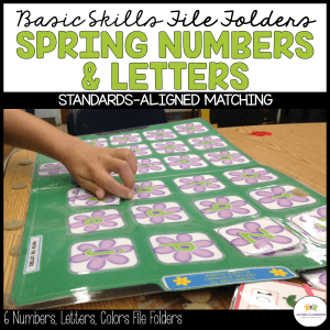 A child matches numbered flower cards on a green board from Autism File Folder Matching Games: Flower Letters, Numbers and Colors for Spring, supporting skills and standards-aligned practice.