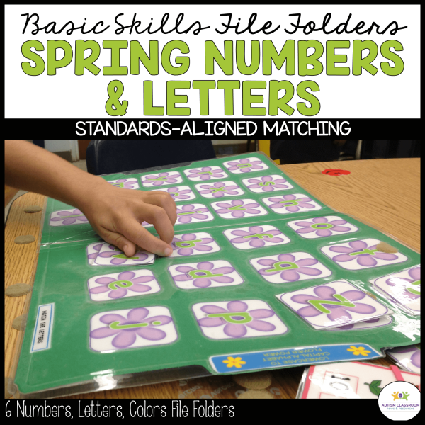A child matches numbered flower cards on a green board from Autism File Folder Matching Games: Flower Letters, Numbers and Colors for Spring, supporting skills and standards-aligned practice.