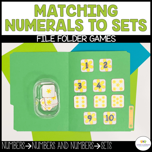 The Autism Matching File Folder Games: Flower Letters, Numbers and Colors for Spring features a green folder with cards numbered 1–10 and matching star groups, displayed on a colorful background with the title at the top.