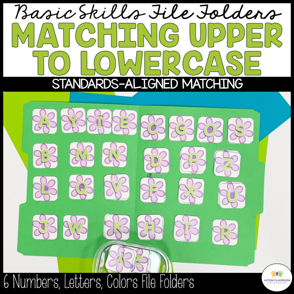 The Autism Matching File Folder Games: Flower Letters, Numbers and Colors for Spring features a green folder with uppercase and lowercase letter cards bordered by pink flowers, designed for a standards-aligned matching activity.