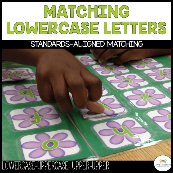 A child matches lowercase letter cards with letter tiles from the Autism Matching File Folder Games: Flower Letters, Numbers and Colors for Spring, featuring purple flower designs and a fun educational classroom theme.