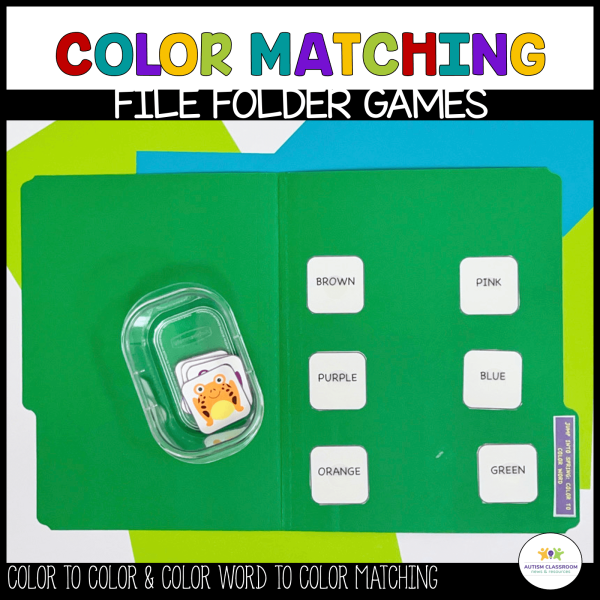 A green file folder labeled with colors holds cards in brown, pink, purple, blue, orange, and green. A small container has card pieces with colorful paw prints. The product is Spring File Folder Activities for Colors, Letter Matching & Numbers.
