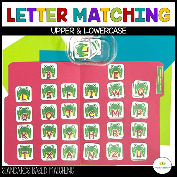 The Spring File Folder Activities set features a frog-themed board with uppercase letter cards in rows and a container for matching lowercase letter cards. Perfect for engaging letter matching, as part of our Colors, Letter Matching, Number ID & Counting set.