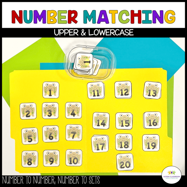 A yellow folder from Spring File Folder Activities for Colors, Letter Matching, Number ID, & Counting shows frog cards numbered 1–18, with smaller matching cards in a plastic case above. “Number Matching Upper & Lowercase” is written at the top.