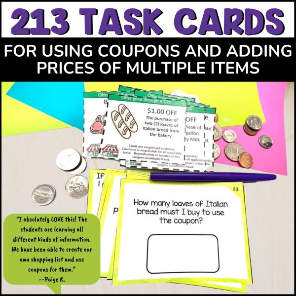 Grocery store life skills: 213 task cards for using coupons and adding prices of multiple items
