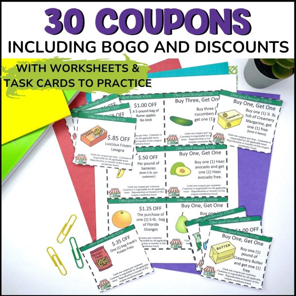 Grocery Store Math Life Skills 30 Coupons including BOGO and discounts with worksheets and task cards to practice
