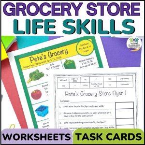 Grocery store math life skills with worksheets and task cards. picture of grocery flyer and worksheet