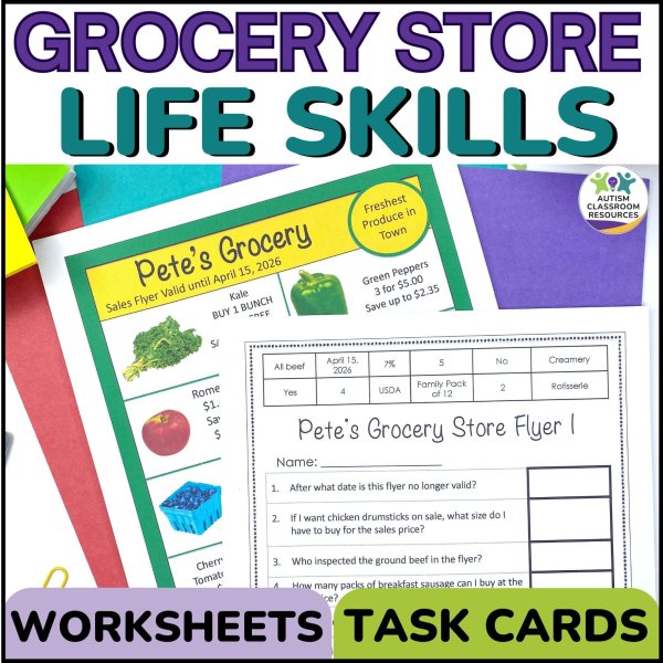 Grocery store math life skills with worksheets and task cards. picture of grocery flyer and worksheet