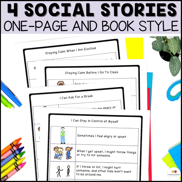 4 Social Stories One Page and Book Style - calm down tools