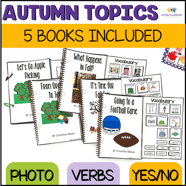 Autumn Topics with 5 Adapted Books Included in the set. Features include 1 photo book, 1 focusing on verbs, and one with a yes/no opinion question. Picture includes the 5 books from the set. 1. Let's Go Apple Picking. 2. From Orchard to Table; 3 What Happens in Fall; 4. It's Time for Fall Fun; and 5. Going to a Football Game.