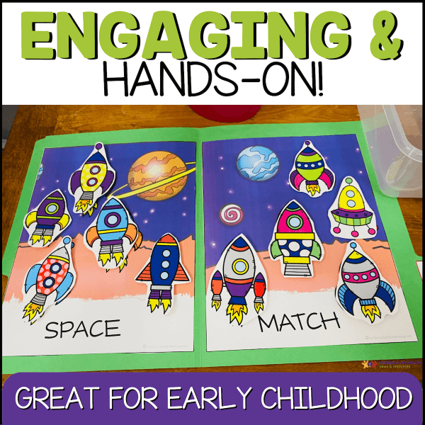 ENGAGING & HANDS-ON. Great for early childhood. Shows a space match file folder game.