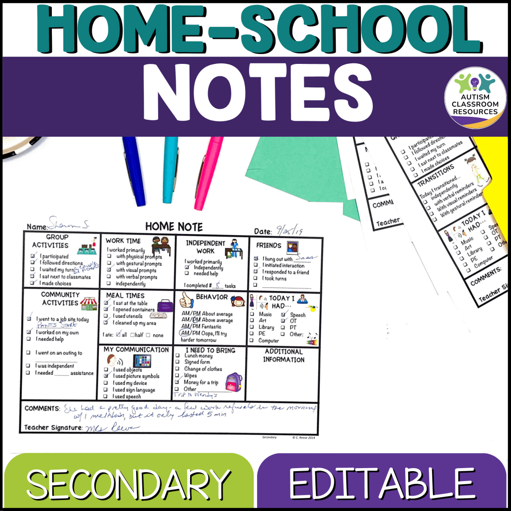 A colorful layout showcases the Parent Communication Notes for Secondary Special Education: Editable Included product, featuring pens, completed editable forms for secondary students, parent communication notes, and the Autism Classroom Resources logo top right.