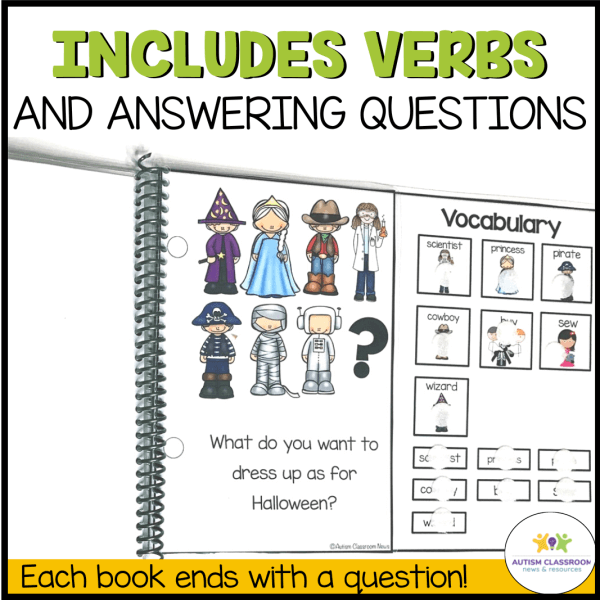 Includes verbs and answering questions. Shows an interactive book and says "What do you want to dress up as for Halloween?"