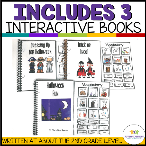 Includes 3 interactive books. Shows 3 different books titled "Trick or Treat", "Halloween Fun", and "Dressing up for Halloween".