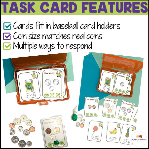 Two photos show Money Task Cards 1--Groceries (Special Education-Coins to $1) in an orange case. The cards feature coin counting with real coin images, colorful groceries, fit card holders, use coin-size images, and give response options.