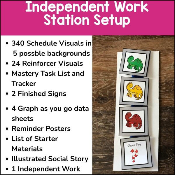 The Independent Work Stations Task Box Starter w File Folder Activities & Task Cards includes items like four animal cards on a Choice Time folder, providing perfect inspiration for organizing your independent work stations.