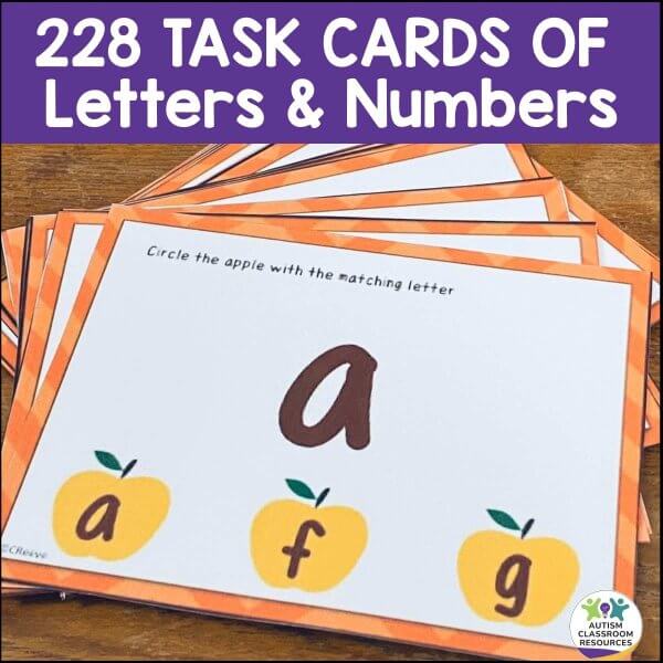 The Independent Work Stations Task Box Starter includes 228 task cards of letters & numbers, like Circle the apple with the matching letter using apple images labeled with letters for independent or file folder activities.