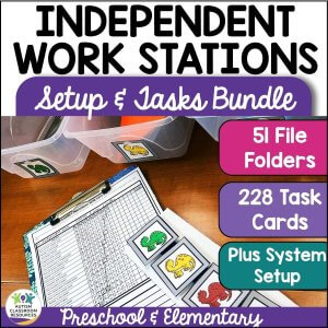 A classroom setup with labeled bins, animal task cards, checklist, and text promoting the Independent Work Stations Task Box Starter w File Folder Activities & Task Cards—includes 51 file folders and 228 task cards for preschool and elementary.