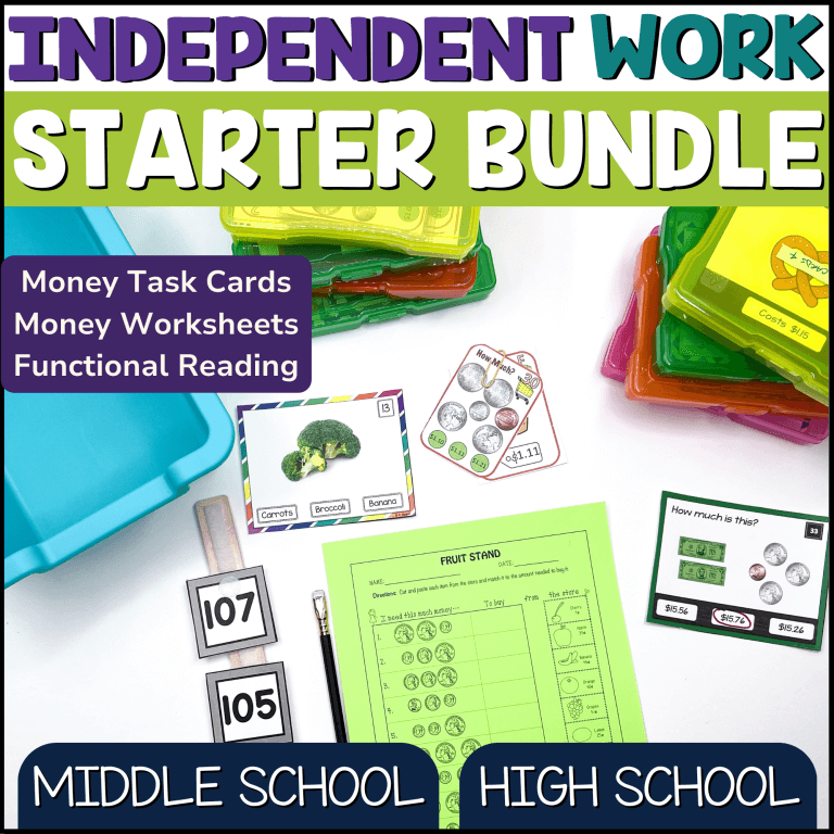 The Independent Work STations Middle & High School Life Skills Starter Bundle has task cards, worksheets, storage boxes, and money tasks—ideal for independent workstations to help students practice money skills and functional reading and learn to work independently.