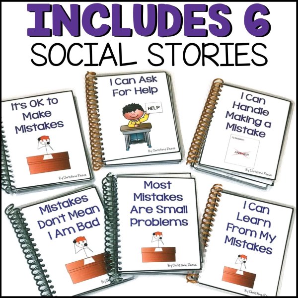 Six illustrated, spiral-bound booklets from Making Mistakes Social Stories and Toolkit for Behavioral Self-Regulation are displayed, each with a different title about mistakes and self-regulation. Above them, bold text reads INCLUDES 6 SOCIAL STORIES.