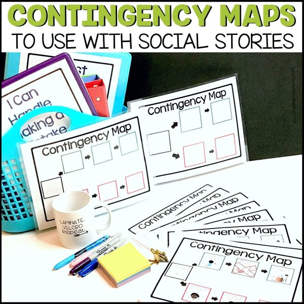 The Making Mistakes Social Stories and Toolkit for Behavioral Self-Regulation is displayed on a desk with printed cards, maps, markers, sticky notes, a mug, a laminated sign, and a blue basket holding folders and booklets.