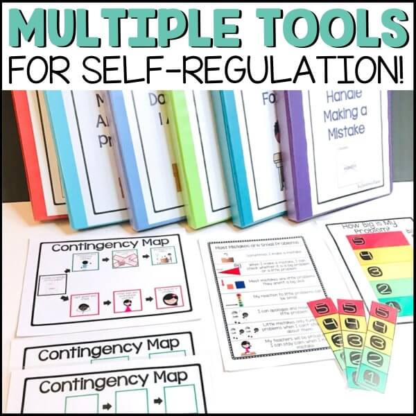 The Making Mistakes Social Stories and Toolkit for Behavioral Self-Regulation is displayed on a table, featuring vibrant binders, behavior cards, contingency maps, and guides under the title: Multiple Tools for Self-Regulation!.