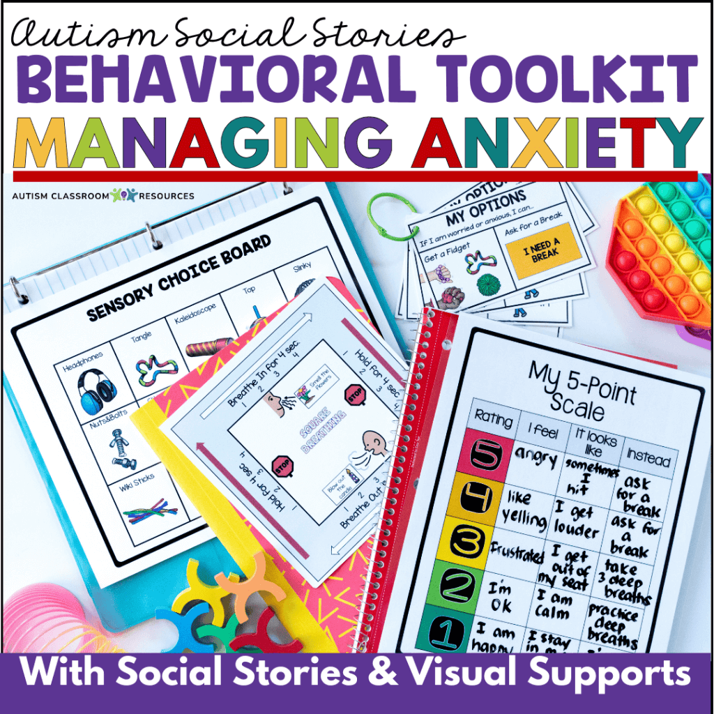 Autism Social Stories Behavioral Toolkit, Managing Anxiety. Pictures of a 5-point scale, square breathing visual, choice board