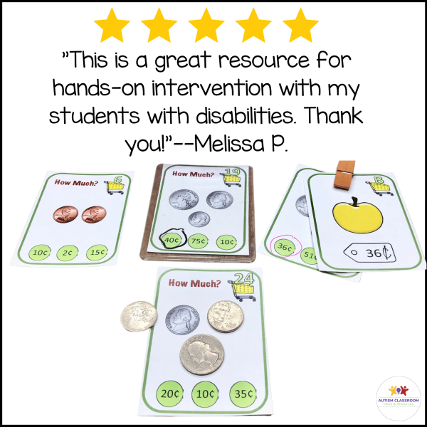 Five stars above a testimonial for Money Task Cards 1--Groceries (Special Education-Coins to $1). Below are educational cards with coins, prices up to $1, and images like an apple. Autism Classroom logo appears in the bottom right.