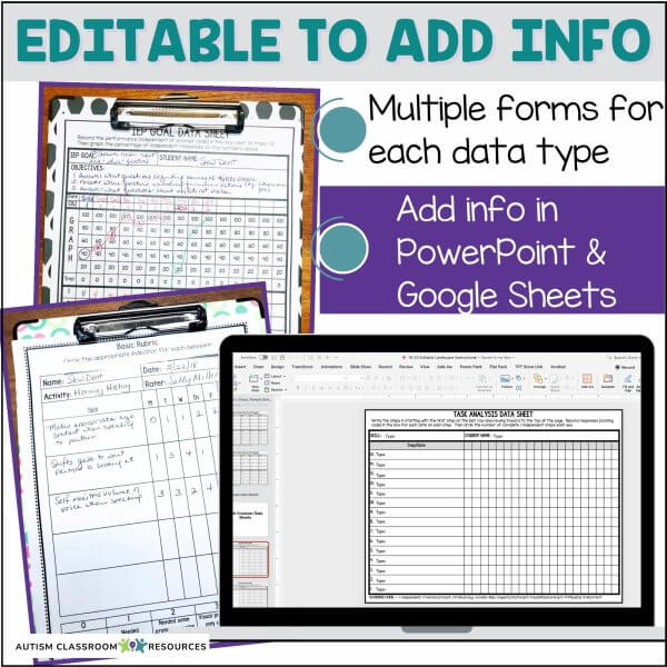 Editable to add info Multiple forms to choose from Add data in PowerPoint or Google Slides