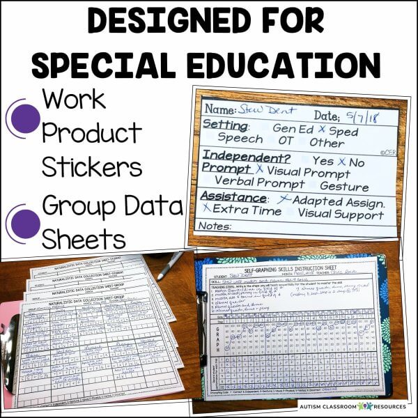 Designed for special education: work product stickers, group data sheets