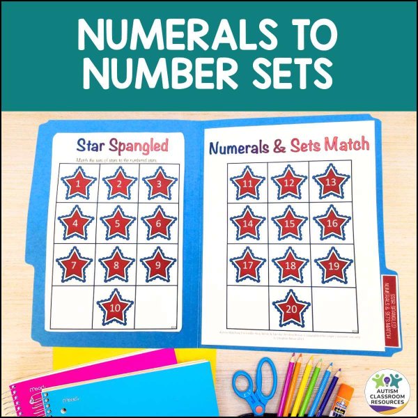 The Number Matching File Folders{Special Education, EC} displays worksheets with red and blue star sets numbered 1-10 on the left and numerals 11-20 on the right. School supplies are arranged below with the title Numerals to Number Sets above.