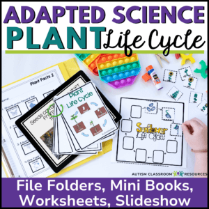 A tabletop displays Plant Life Cycle - Adapted Science Unit for Special Education materials: worksheets, mini books, a tablet, pop-it toy, and cutouts. Text reads “File Folders, Mini Books, Worksheets, Slideshow.”.