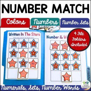 The Matching Numbers, Colors, Numerals and Number words product features file folders with star-shaped cards for matching numerals to number words and sets—ideal for building color, number, and set recognition in special education or early childhood settings.