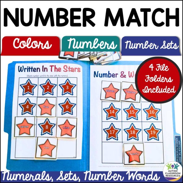 The Matching Numbers, Colors, Numerals and Number words product features file folders with star-shaped cards for matching numerals to number words and sets—ideal for building color, number, and set recognition in special education or early childhood settings.