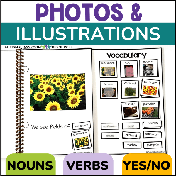 An open Adapted Books for Special Education - 20 Seasonal Interactive Adaptive Books shows sunflower photos and vocabulary cards labeled coat, acorns, leaves, and orchard, with colorful text: “PHOTOS & ILLUSTRATIONS” and “NOUNS, VERBS, YES/NO.”.