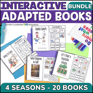 Adapted Books for Special Education – 20 Seasonal Interactive Adaptive Books are displayed with colorful folders, pens, and a bag; their covers feature engaging titles on sports, fall, gardens, and camp for every season.