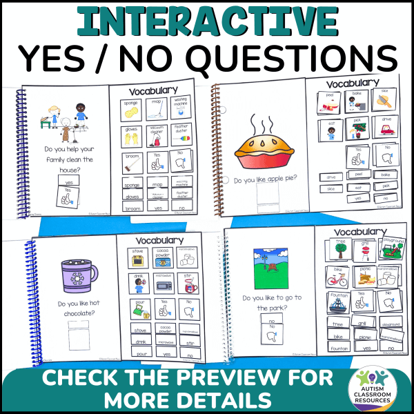 An image of the workbook Adapted Books for Special Education - 20 Seasonal Interactive Adaptive Books, featuring vocabulary, questions, images, and answer boxes. The Autism Classroom Resources logo appears. CHECK THE PREVIEW FOR MORE DETAILS.